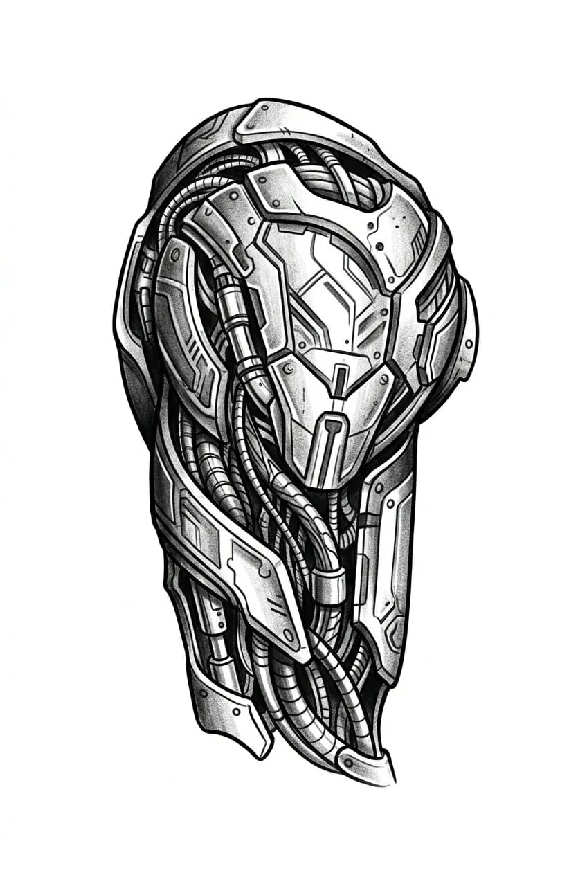 biomechanical shoulder tattoo design for men, mechanical armor plates and organic cables arranged for deltoid cap, black and grey high contrast on pure white background