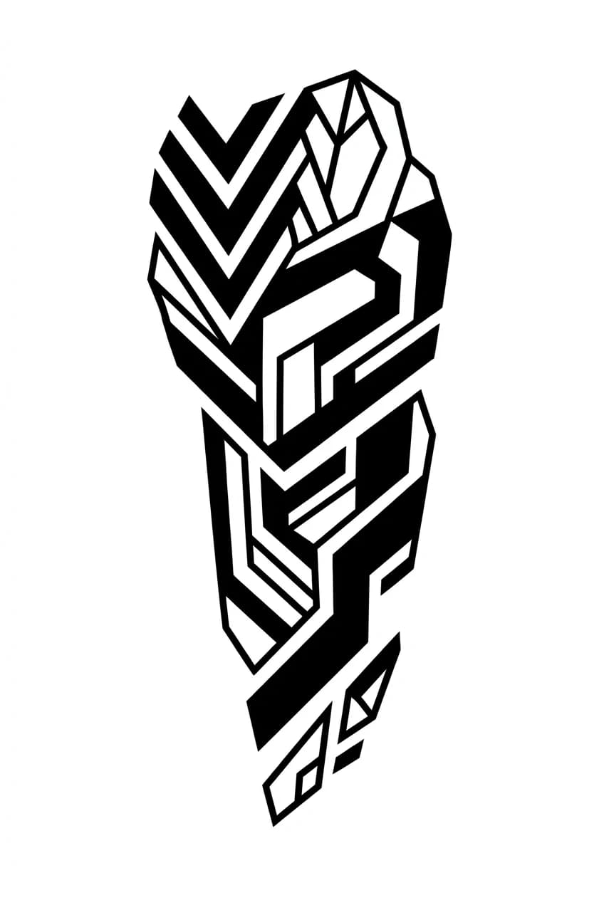 minimal blackwork shoulder tattoo design for men, clean angular shoulder band and negative-space shapes, masculine abstract flash on pure white background