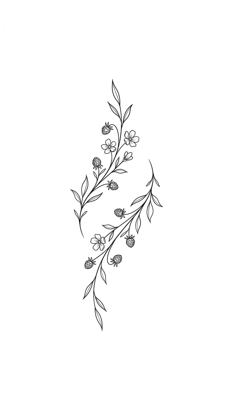 small ankle tattoo, tiny floral sprig wrapping softly around ankle, thin black linework, elegant tattoo flash on pure white background inspiration