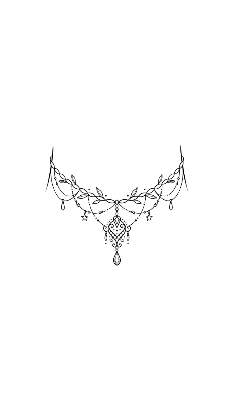 small ankle tattoo, dainty ornamental anklet chain with small charm, thin black linework, tattoo flash on pure white background inspiration