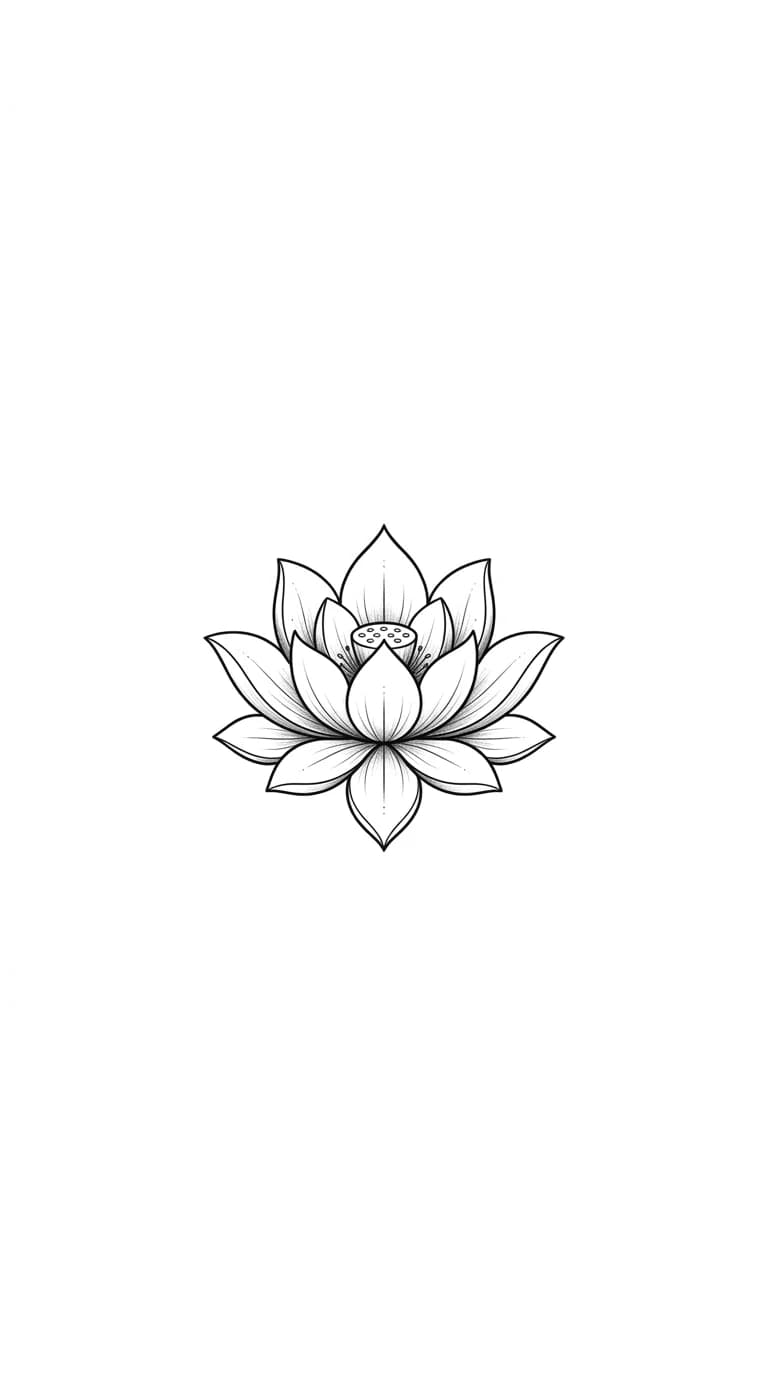 small ankle tattoo, small lotus flower with clean symmetrical petals, fine line blackwork on pure white background inspiration