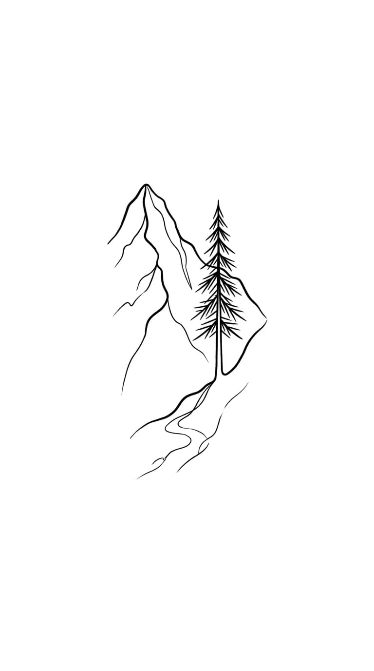 small ankle tattoo, minimal mountain line and pine tree, compact ankle placement design, crisp black ink on pure white background inspiration