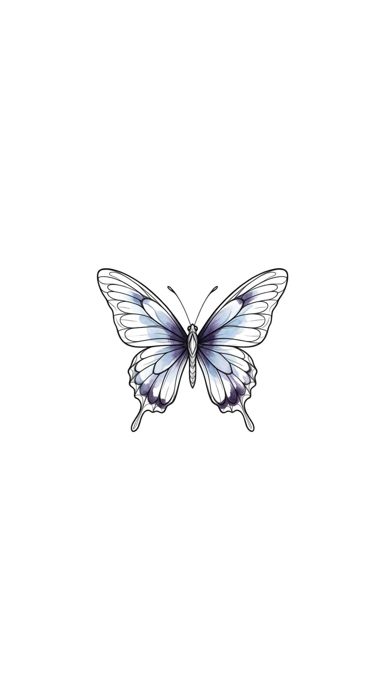 small ankle tattoo, tiny butterfly with subtle blue and purple color accents, fine line black outline, side ankle placement, tattoo flash on pure white background inspiration