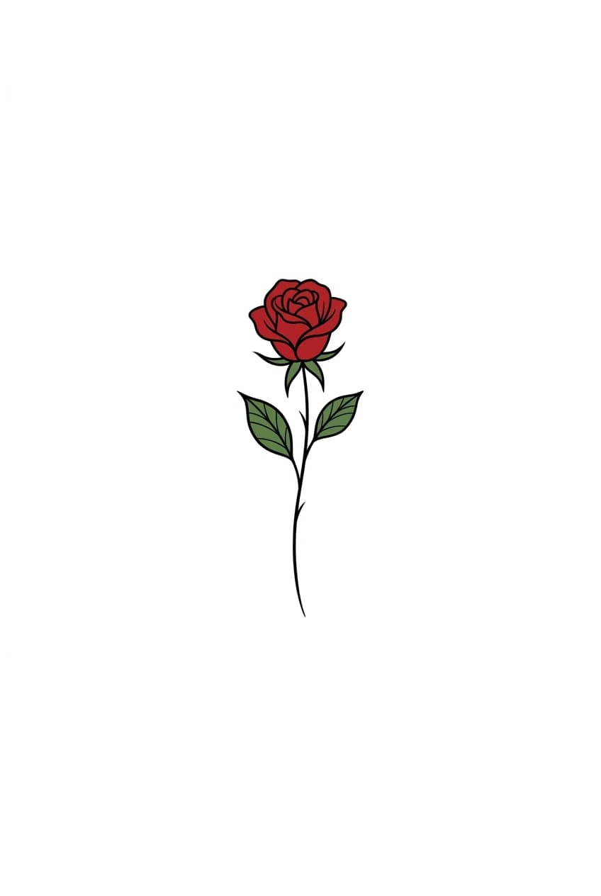 small ankle tattoo, tiny red rose with green leaves, fine line black outline, outer ankle placement, clean tattoo flash on pure white background inspiration