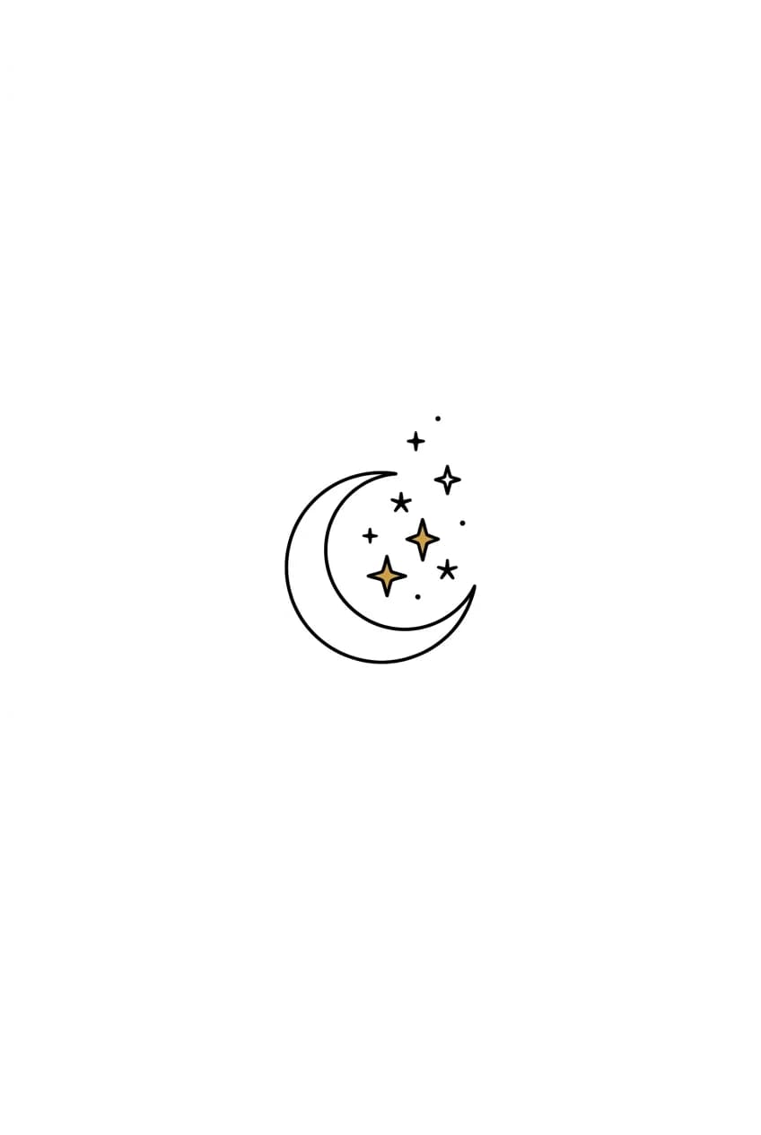 small ankle tattoo, minimalist crescent moon with tiny golden stars, compact side ankle layout, crisp black linework and small color accents on pure white background inspiration