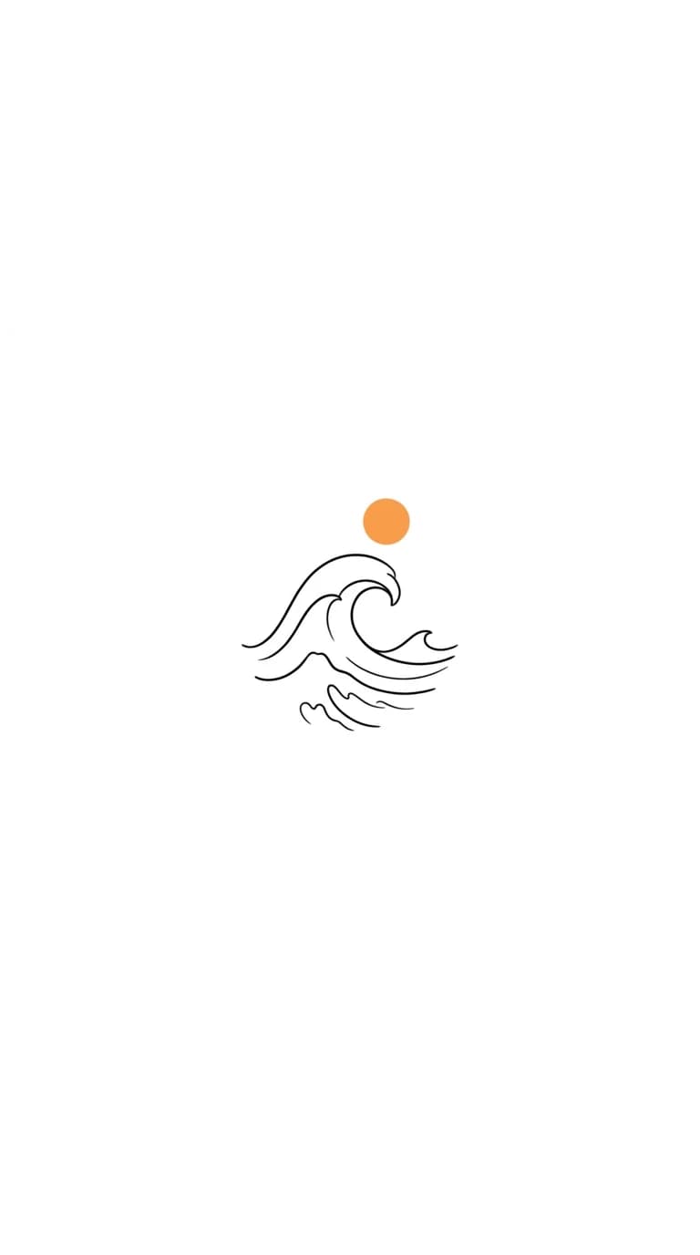 small ankle tattoo, minimal ocean wave with small orange sun, fine line blackwork with tasteful color accents, beach-inspired ankle tattoo flash on pure white background inspiration