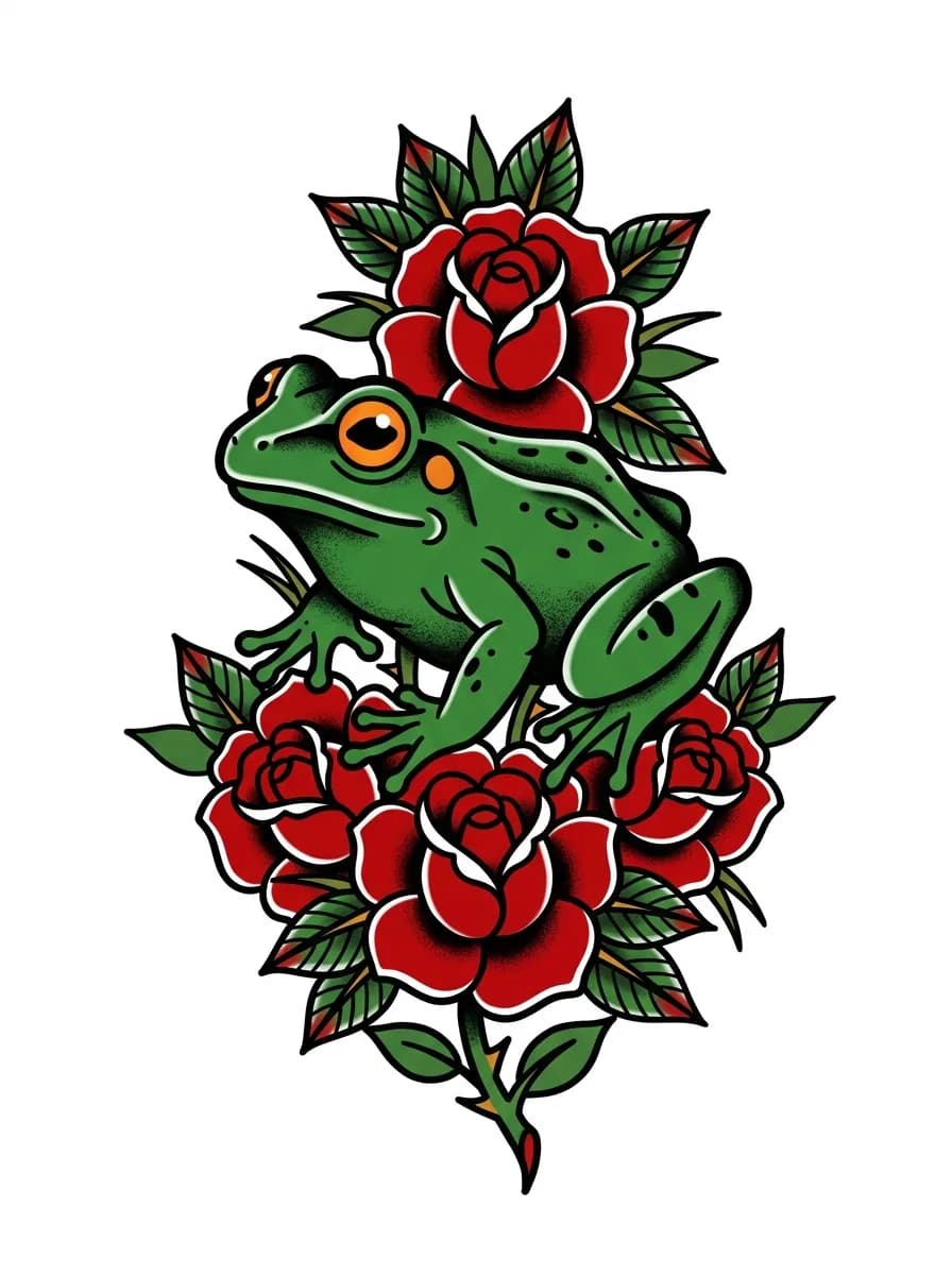 classic American traditional frog tattoo flash, bold green frog, red roses, thick black outline, pure white background inspiration