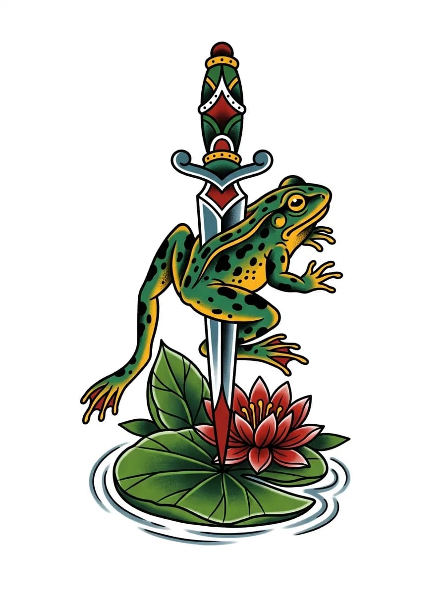 old school frog tattoo with dagger and lily pad, saturated green red yellow palette, no text, pure white background for traditional frog tattoo inspiration