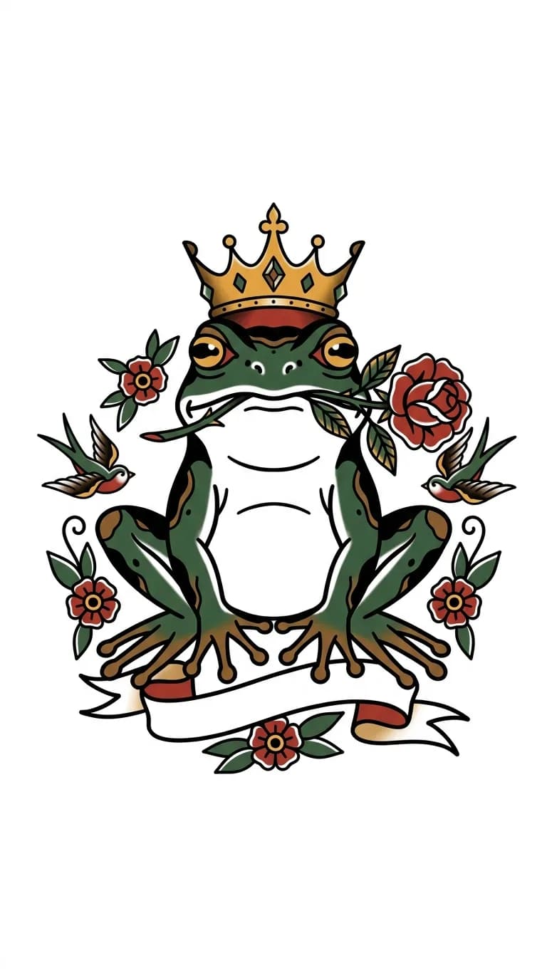 traditional frog prince tattoo with small crown, bold black linework, vintage flash colors, pure white background for traditional frog tattoo inspiration