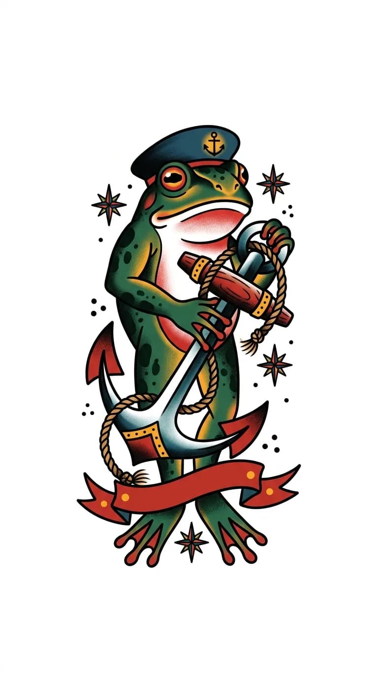 sailor style traditional frog tattoo with anchor motif, no words, strong readable silhouette, pure white background inspiration