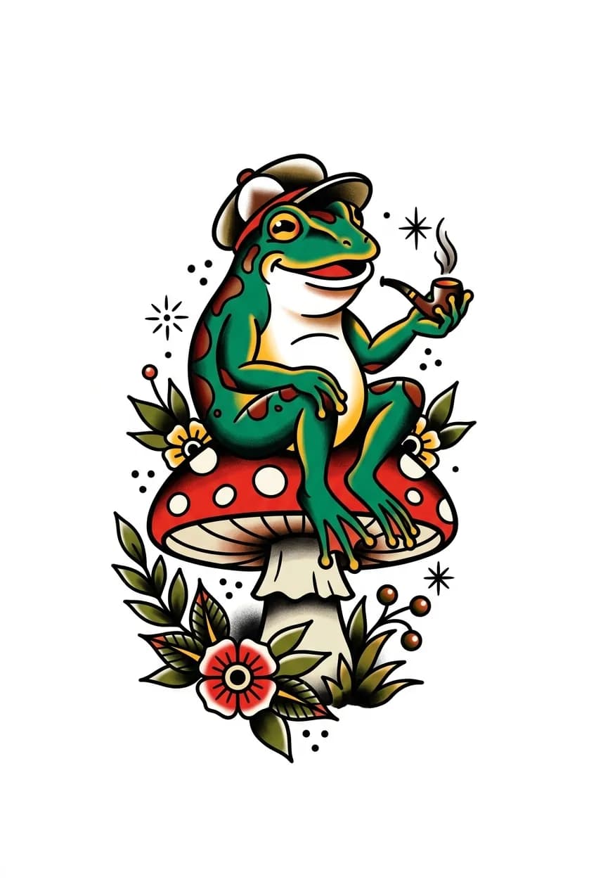traditional frog and mushroom tattoo flash, playful character, bold outline, classic tattoo colors, pure white background for traditional frog tattoo inspiration