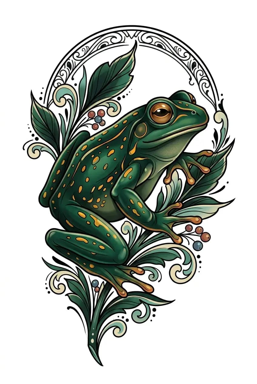 neo traditional frog tattoo with richer shading, emerald green body, ornamental leaves, pure white background inspiration