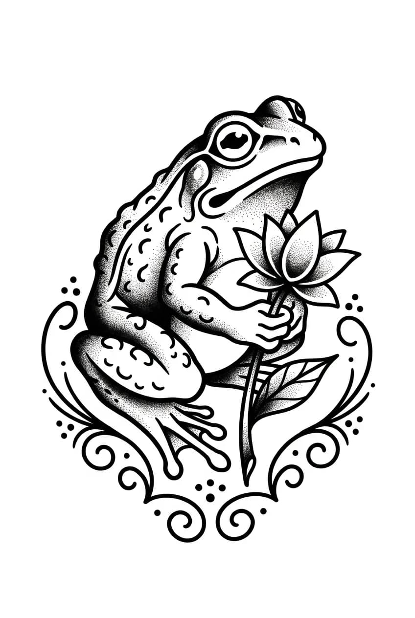 blackwork traditional frog tattoo, heavy old school outline, dot shading, no color, pure white background inspiration
