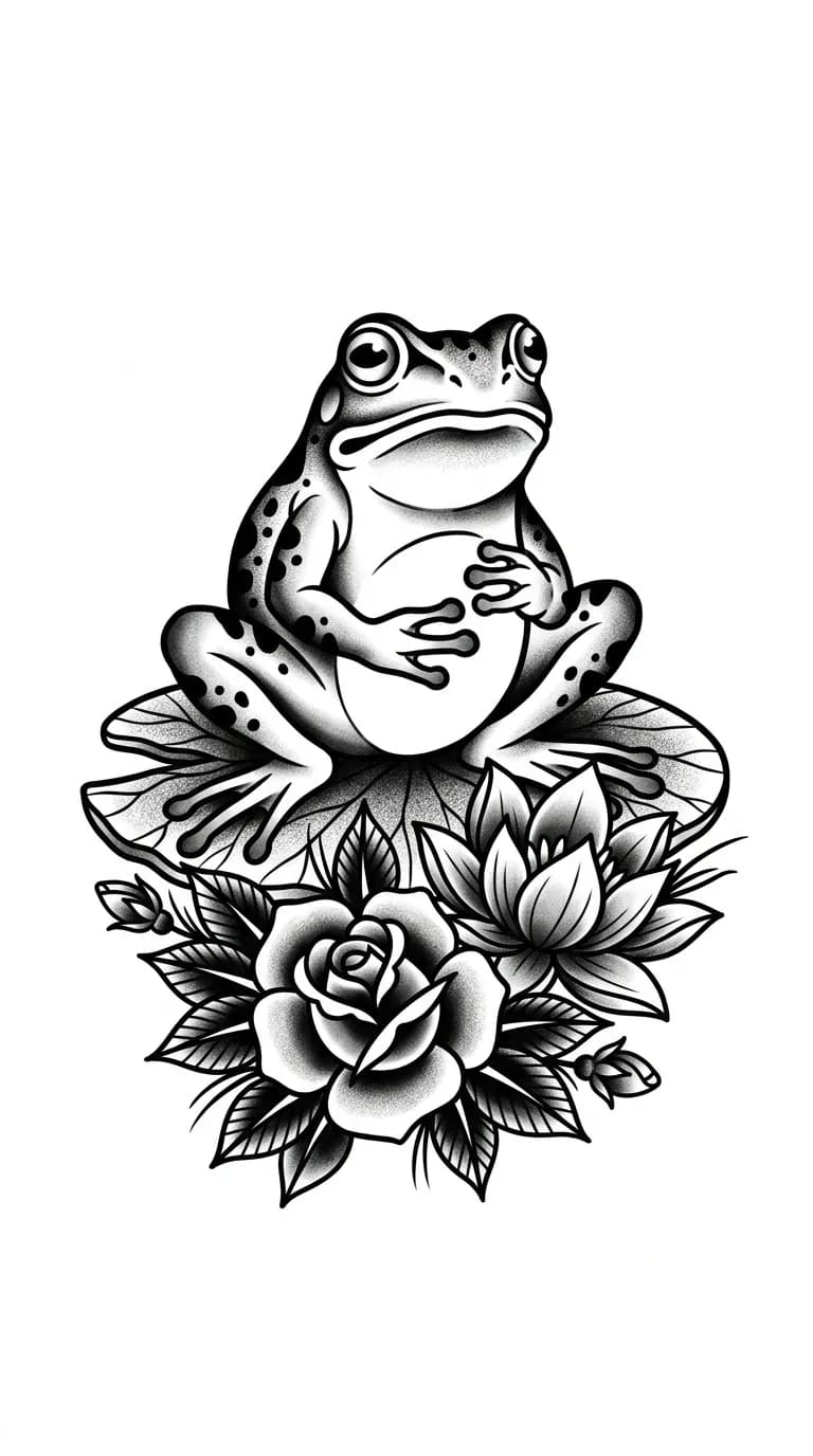 black and grey traditional frog tattoo flash with rose and lily pad, high contrast, pure white background inspiration