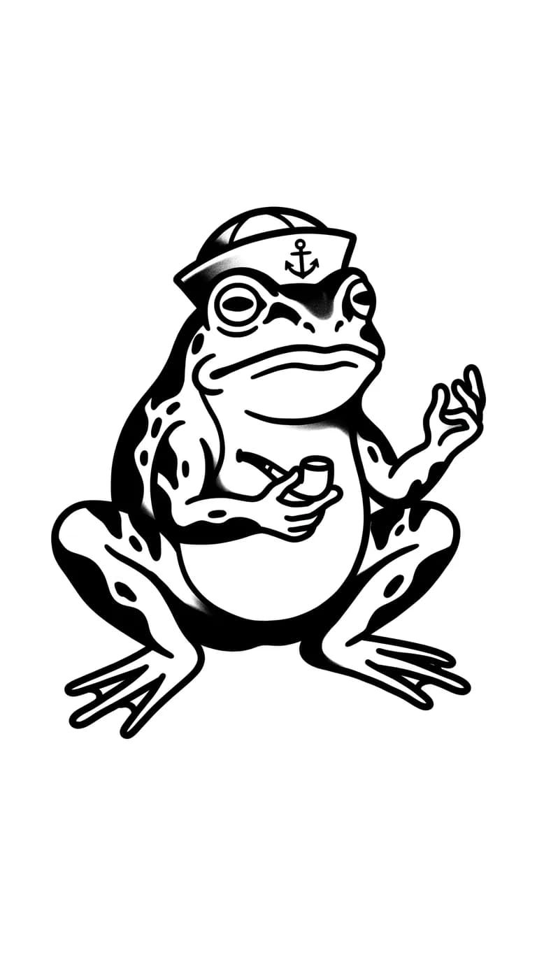 bold stencil style traditional frog tattoo, thick black silhouette, simple vintage shapes, pure white background inspiration