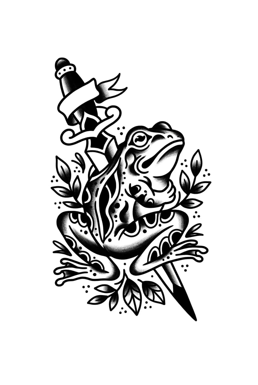 traditional frog tattoo in black ink with dagger and small leaves, clean flash composition, pure white background inspiration