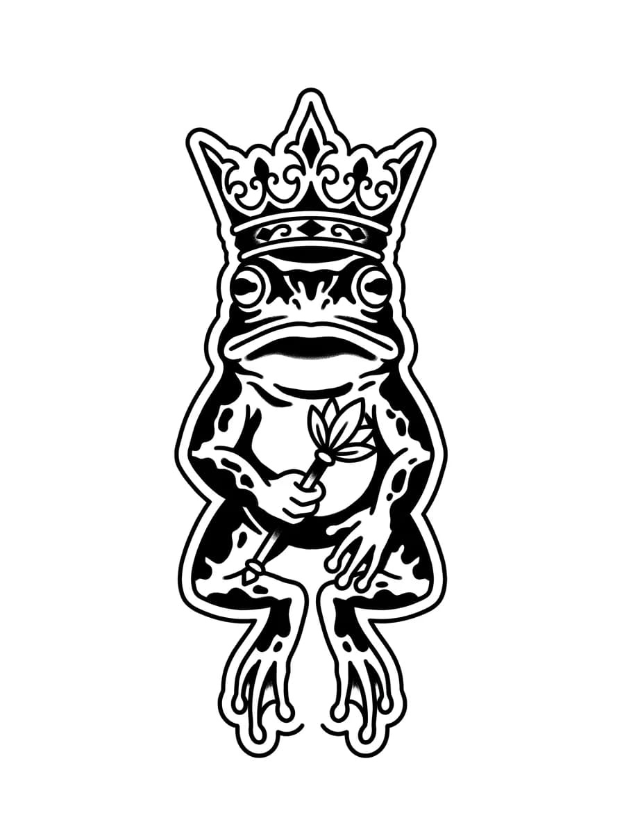 heavy blackwork frog prince tattoo, old school crown shape, readable tattoo flash, pure white background for traditional frog tattoo inspiration