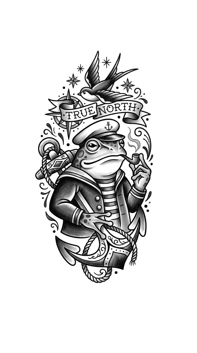 black and grey sailor frog tattoo with anchor, classic flash linework, no text, pure white background for traditional frog tattoo inspiration