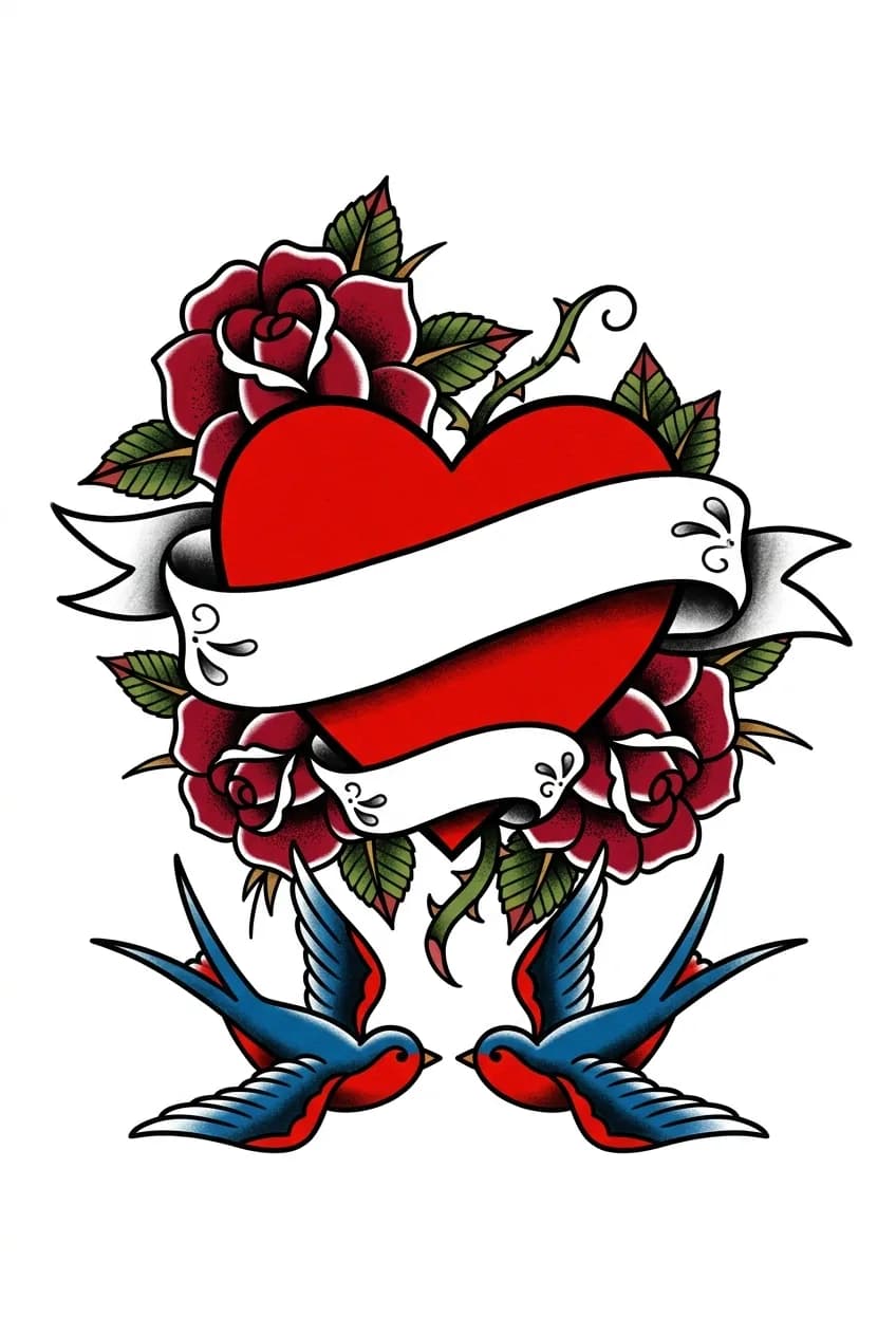 Classic red American traditional mom heart tattoo with blank banner, bold outline, roses, and vintage flash texture