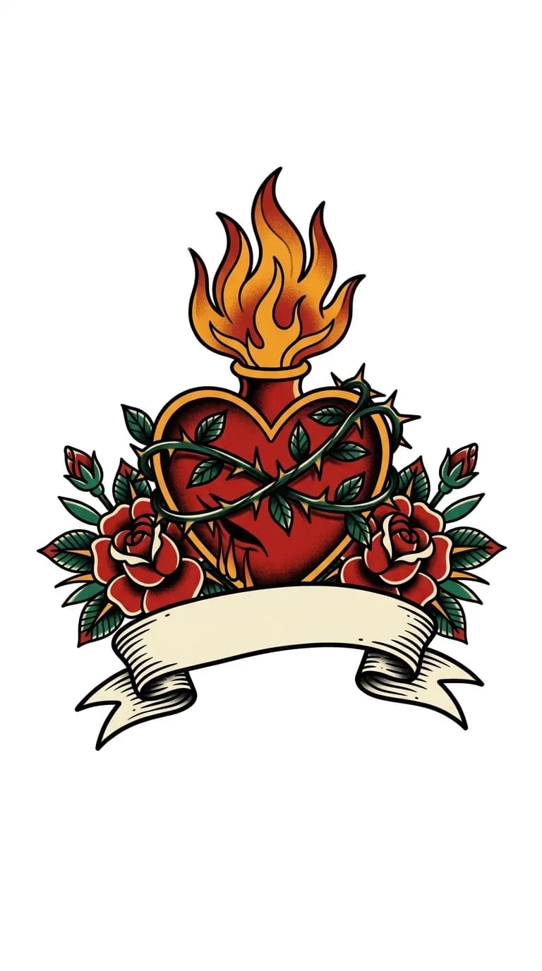 Sacred heart traditional mom heart tattoo concept with flame, roses, thorns, and blank ribbon banner