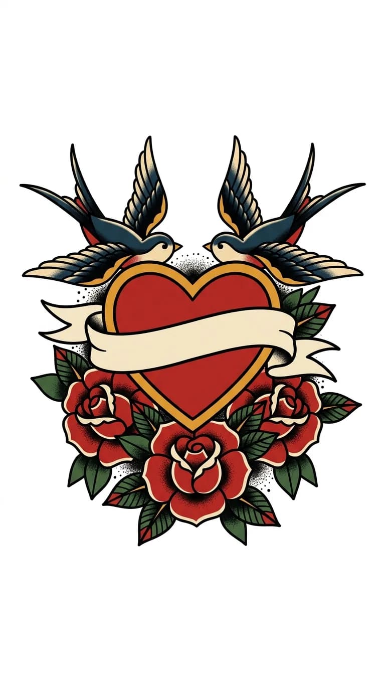 Sailor vintage traditional mom heart tattoo flash with swallows, roses, red heart, and clean blank banner