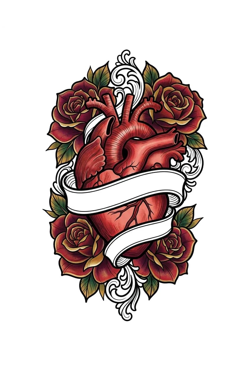 Neo traditional mom heart tattoo design with richer shading, red heart, ornate roses, and clean banner space