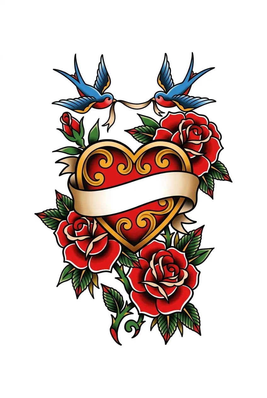 Vertical forearm traditional mom heart tattoo with red heart, roses, and blank banner