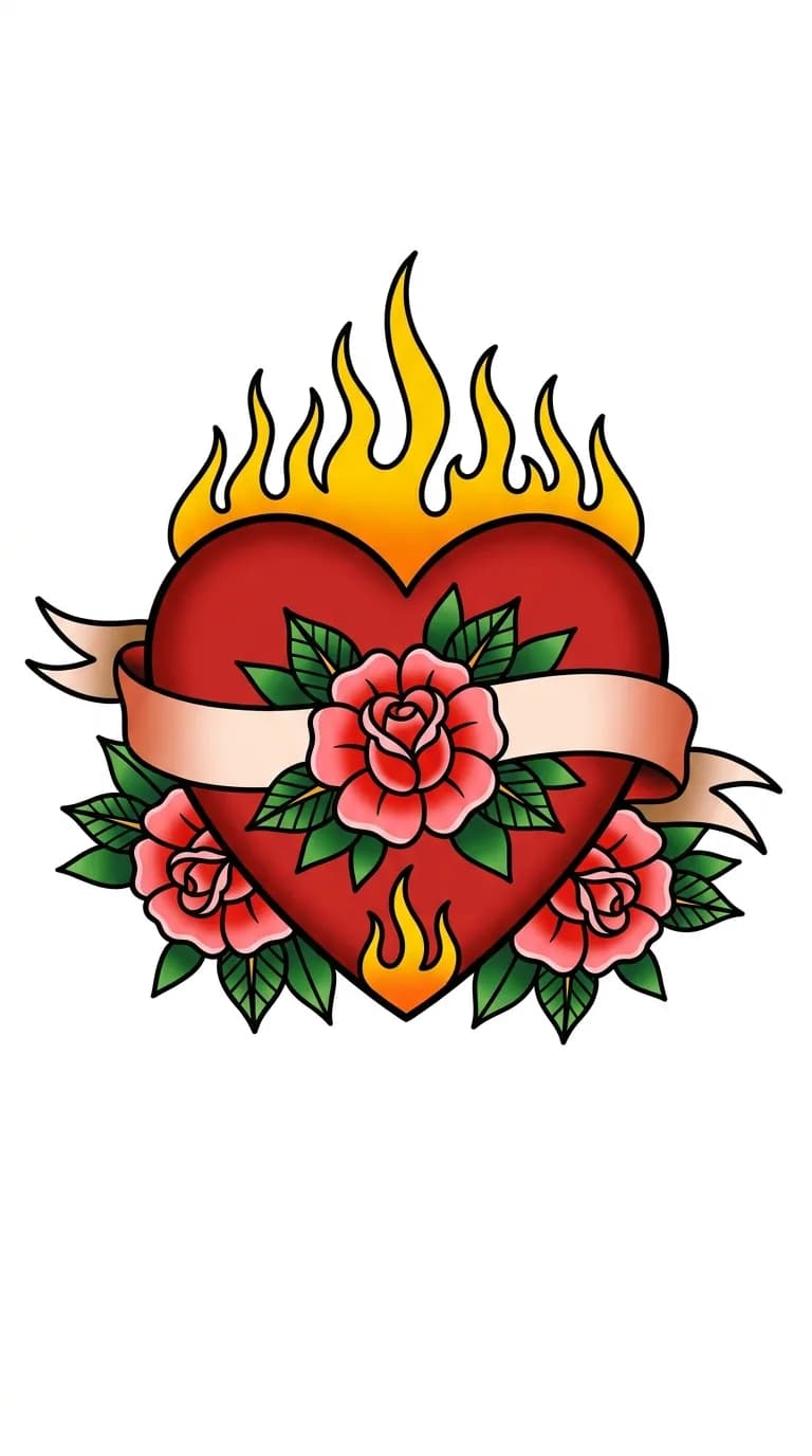 Upper arm or shoulder traditional mom heart tattoo with round red heart, roses, flame, and ribbon