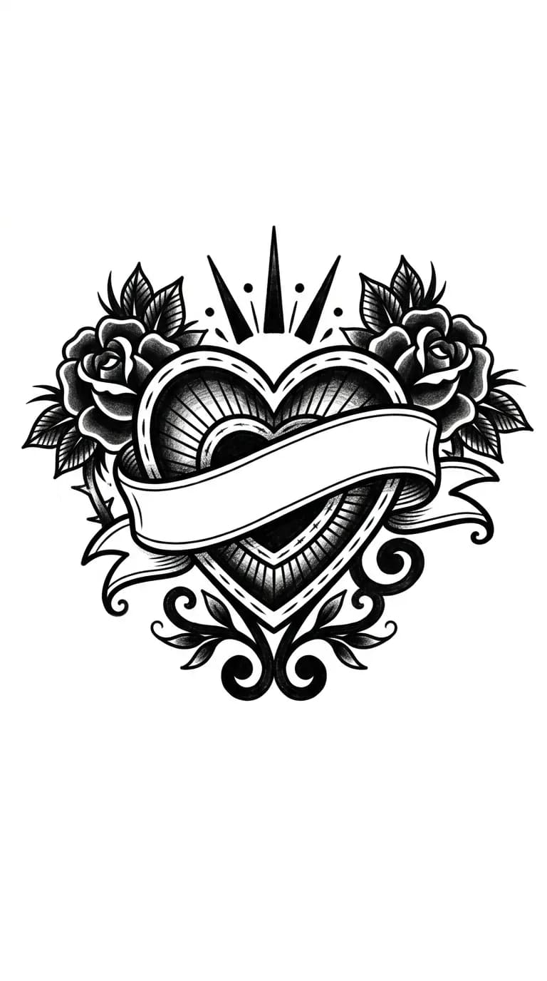 Blackwork traditional mom heart tattoo with blank banner, bold old school outline, and roses