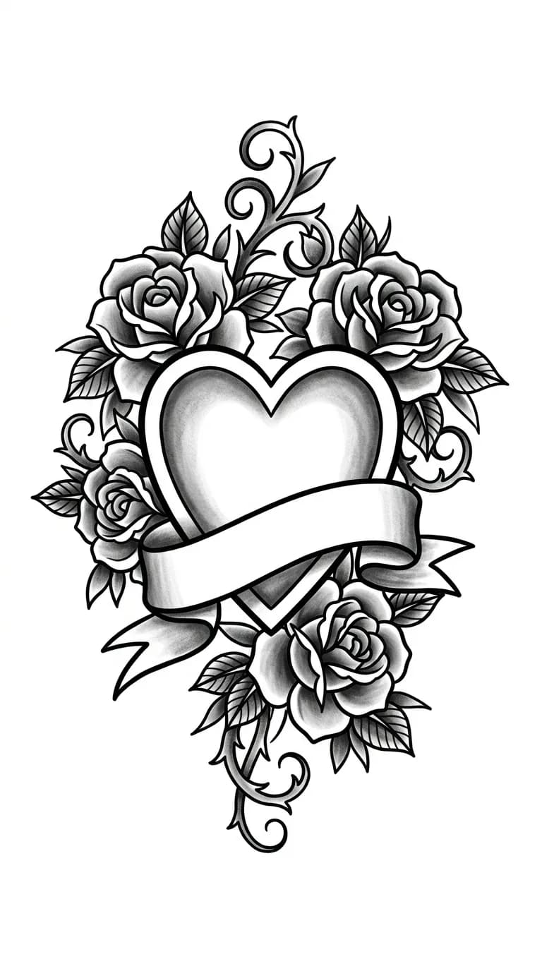 Black and grey mom heart tattoo with roses, blank ribbon banner, and greywash shading
