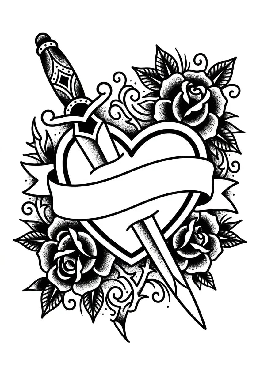 Bold stencil style traditional mom heart tattoo with black ink silhouette, clean blank banner, roses, and dagger accents