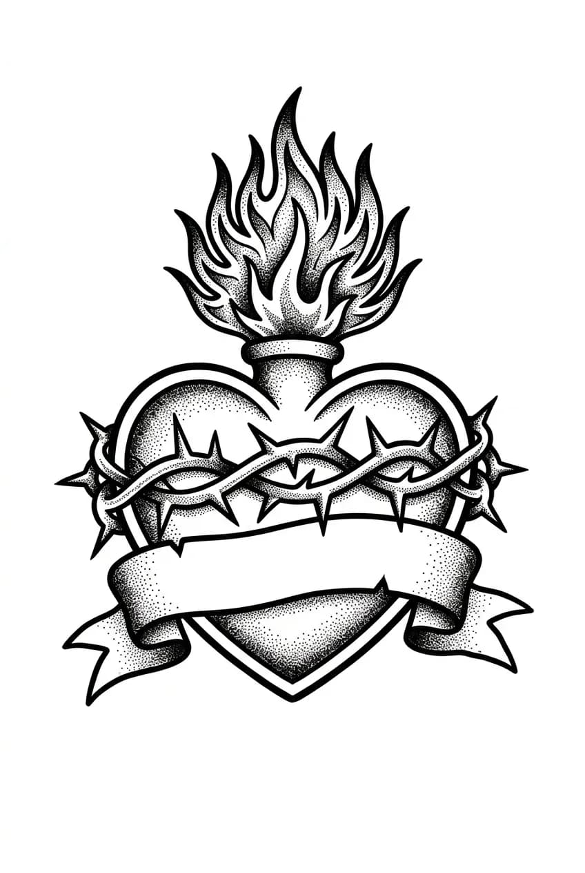 Blackwork sacred heart traditional mom heart tattoo with flame, thorns, blank banner, and dot shading
