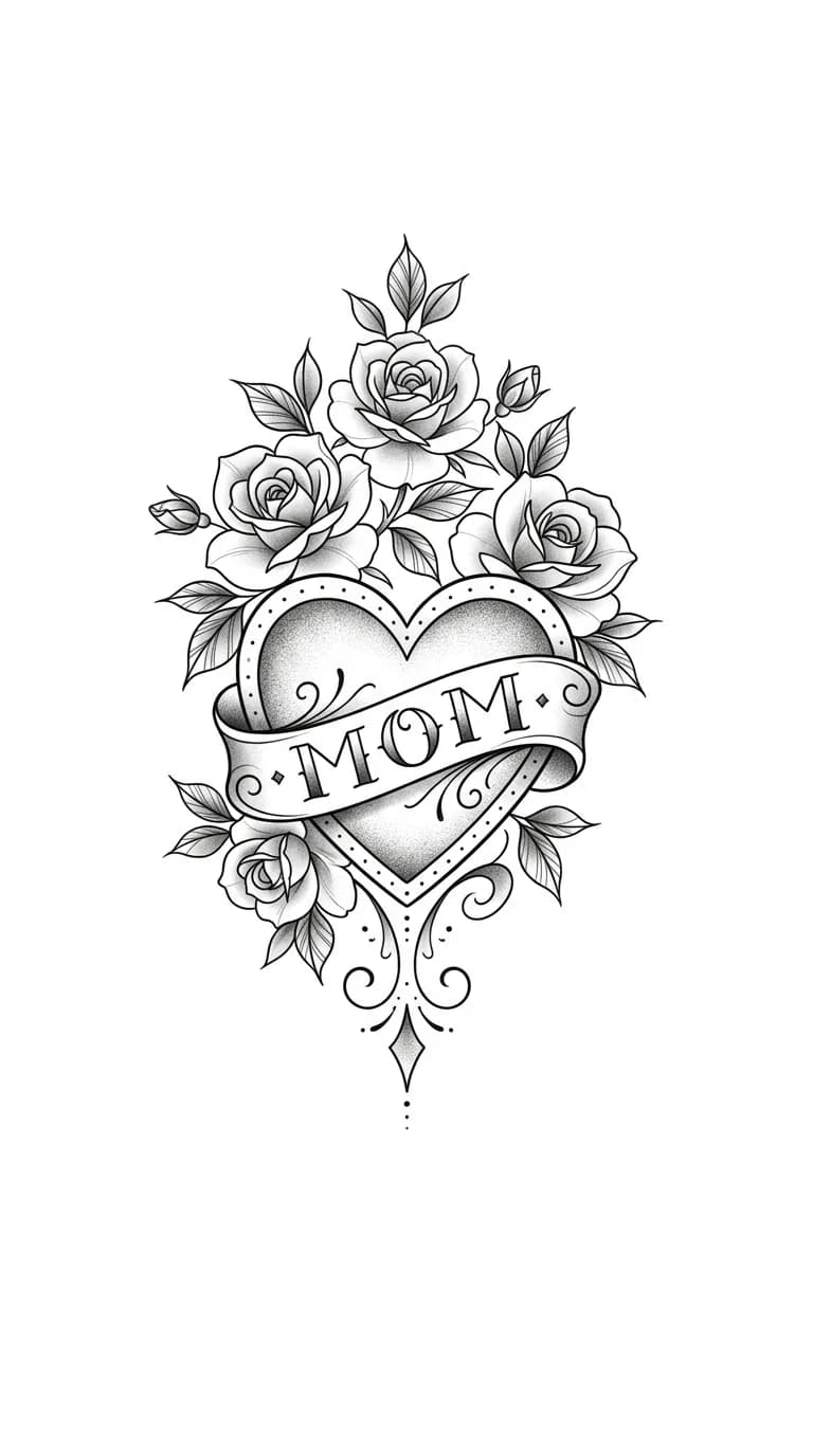 Fine line black and grey traditional mom heart tattoo concept with roses and readable banner area