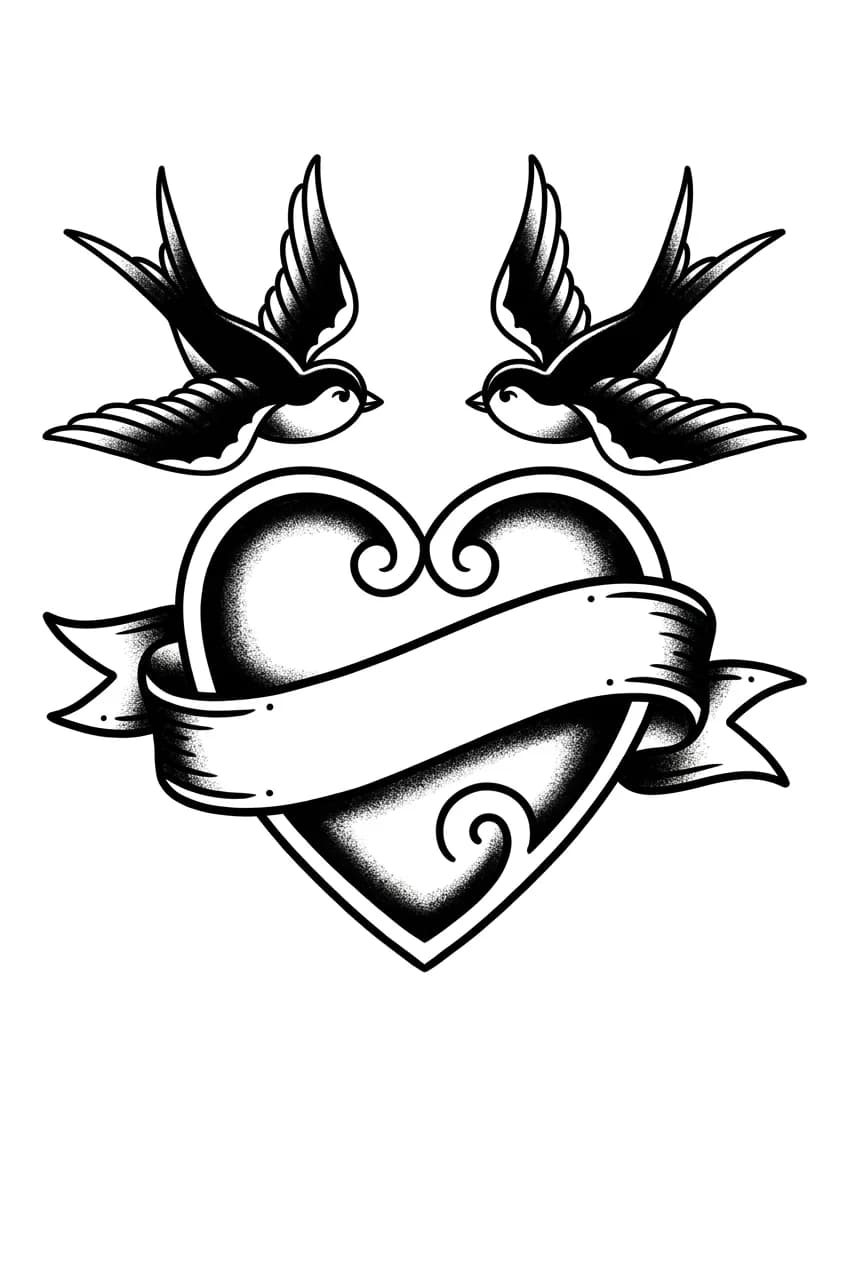 Heavy blackwork vintage sailor mom heart tattoo with swallows, heart, and blank ribbon banner