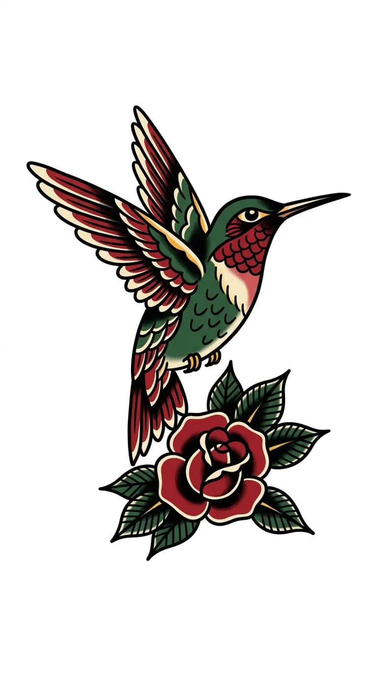 Classic American traditional hummingbird tattoo flash with bold outline, rose, and red green color