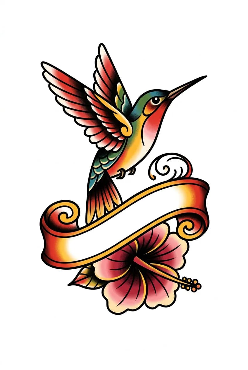 Old school hummingbird tattoo with blank banner shape and hibiscus flower on white background