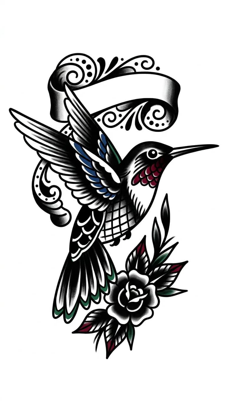 Bold blackwork traditional hummingbird tattoo concept with limited color accents