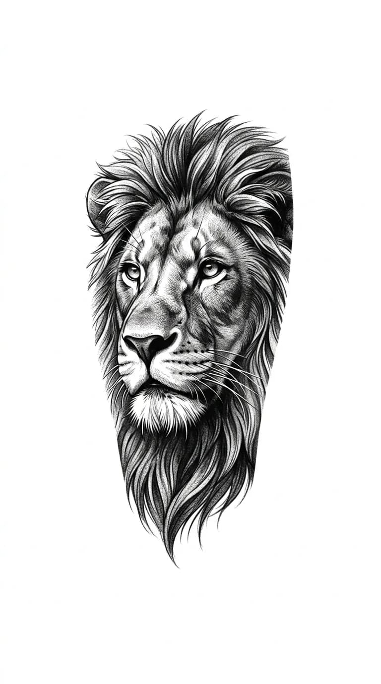 Realistic black and grey lion forearm tattoo portrait with vertical outer forearm composition