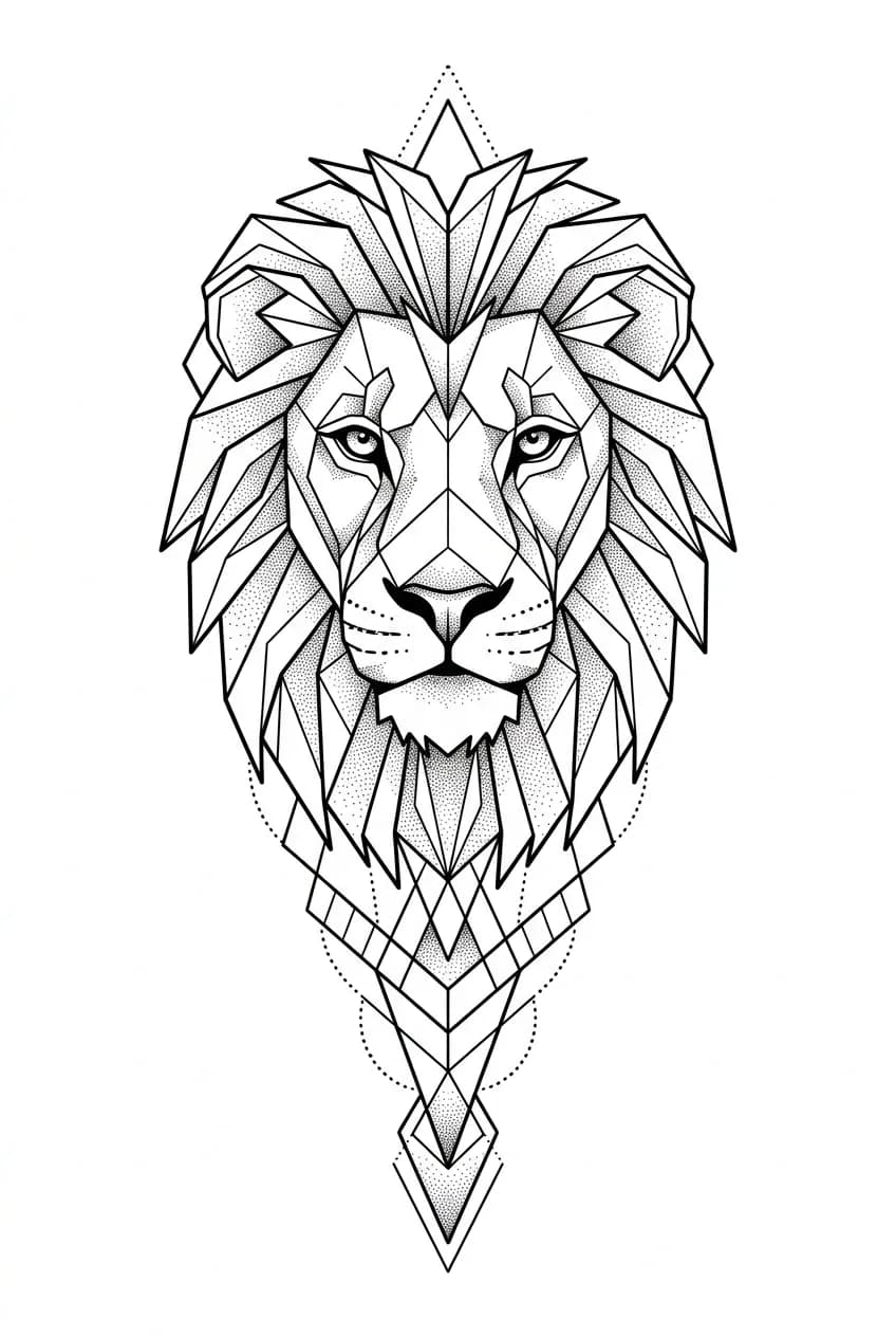 Geometric lion forearm tattoo with symmetrical face, crisp linework, and dot shading
