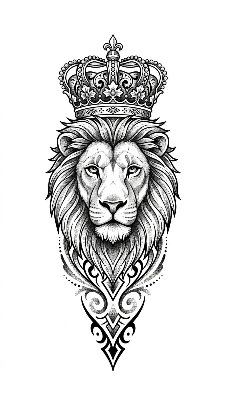Lion and crown forearm tattoo concept in blackwork with subtle grey shading