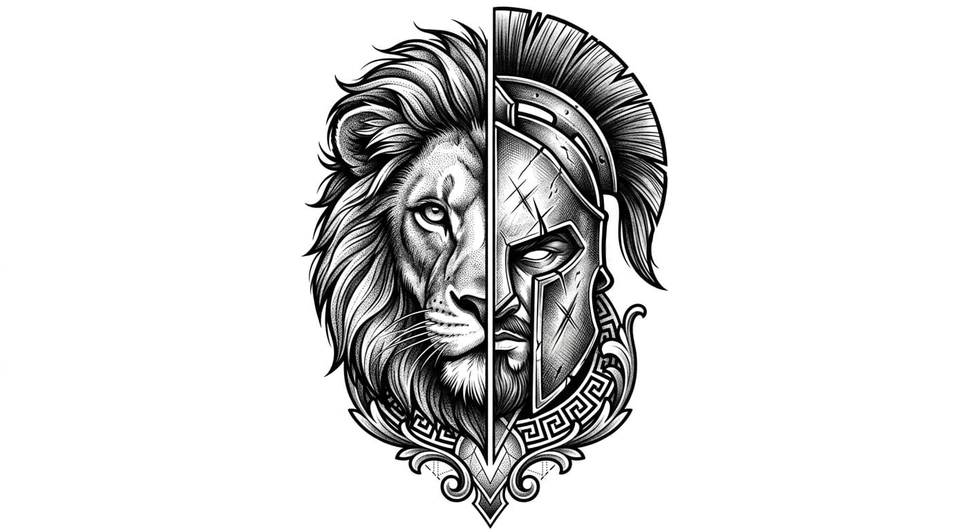 Split portrait lion face and Spartan helmet tattoo design in black and grey