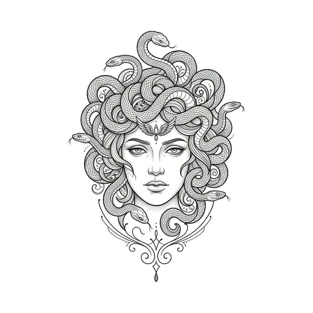 medusa tattoo arm, fine line medusa goddess face with ornate coiled snake hair, delicate single-needle upper arm design, pure white inspiration