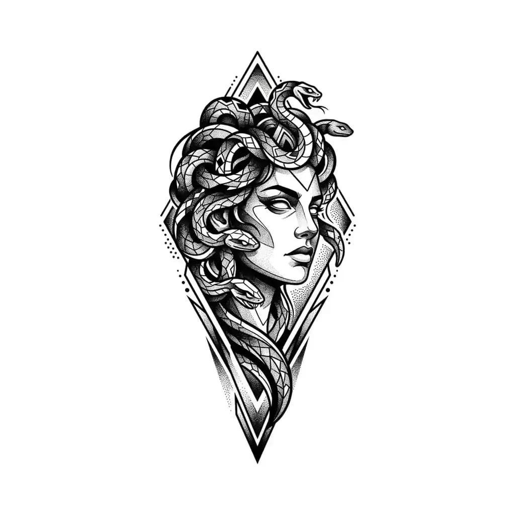 medusa tattoo arm, blackwork medusa portrait with geometric snake hair and negative space, high contrast arm design, pure white inspiration