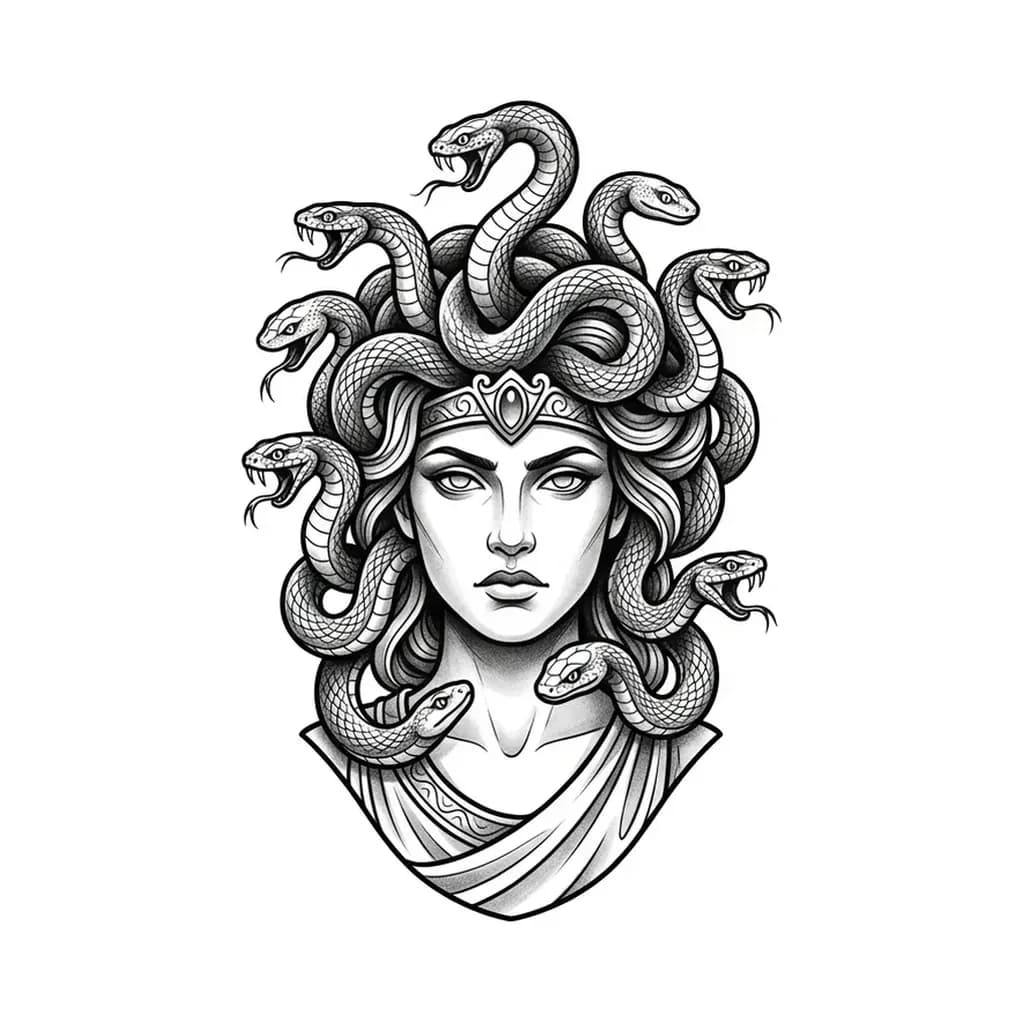 medusa tattoo arm, illustrative medusa goddess with flowing serpent hair and classical features, black and grey, pure white inspiration