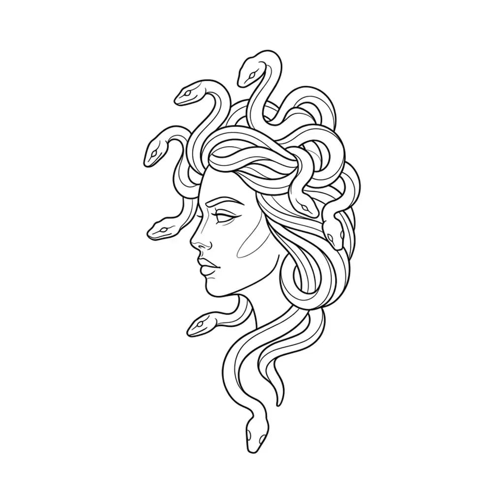 medusa tattoo arm, minimalist medusa outline, reduced fine line portrait with snake silhouettes, clean arm concept, pure white inspiration