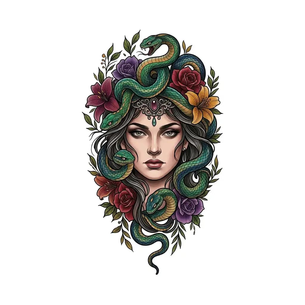 medusa tattoo arm, neo-traditional medusa with flowers entwined in snake hair, rich jewel colors, upper arm piece, pure white inspiration