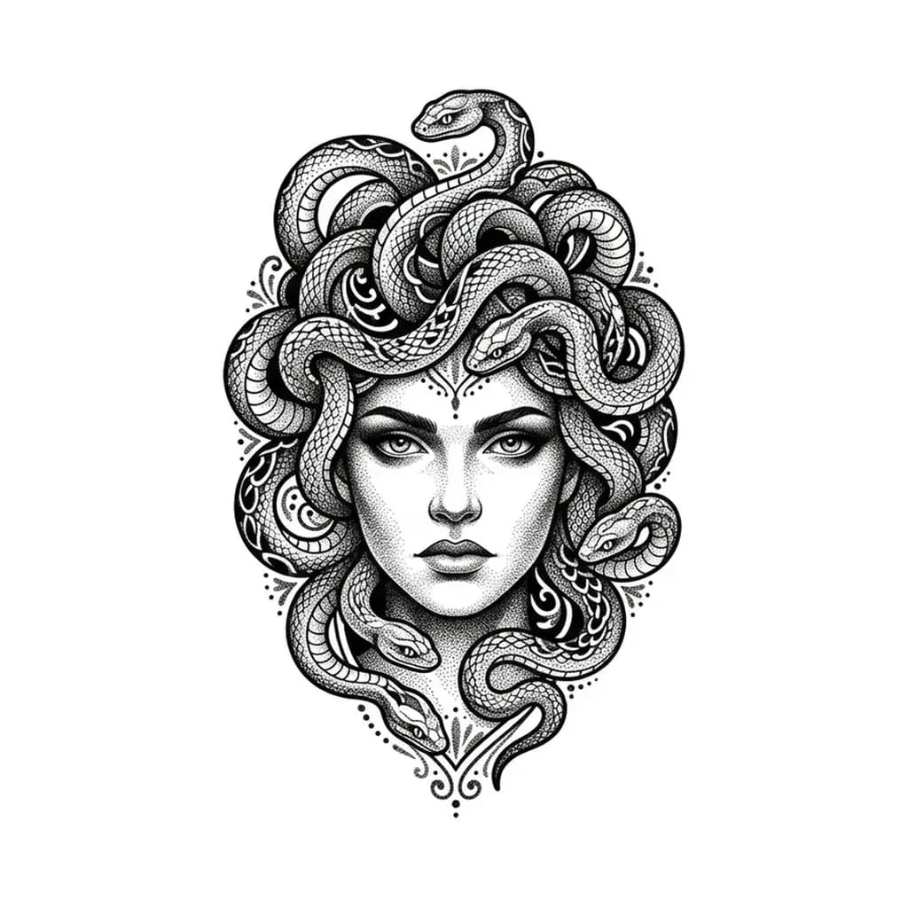 medusa tattoo arm, dotwork medusa portrait, stippled shading technique, ornamental coiled snake hair, arm tattoo flash, pure white inspiration