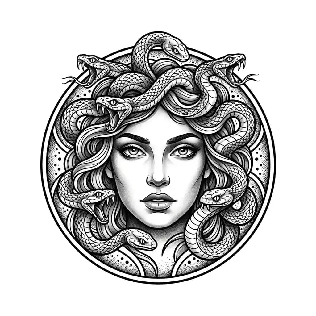 medusa tattoo arm, medusa emblem in circular composition, bold black linework, forearm tattoo flash, pure white inspiration