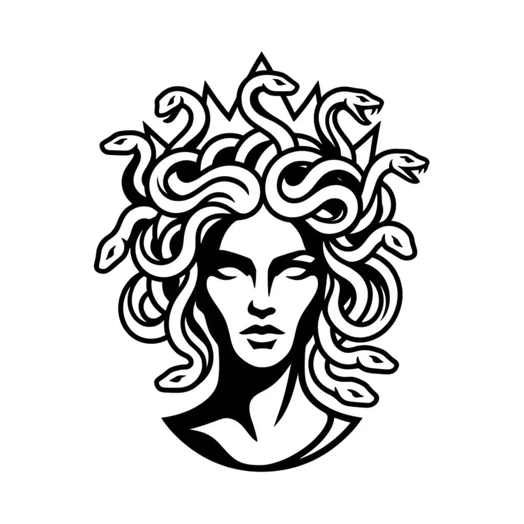 medusa tattoo arm, abstract medusa silhouette with snake hair forming crown shape, graphic blackwork arm flash, pure white inspiration