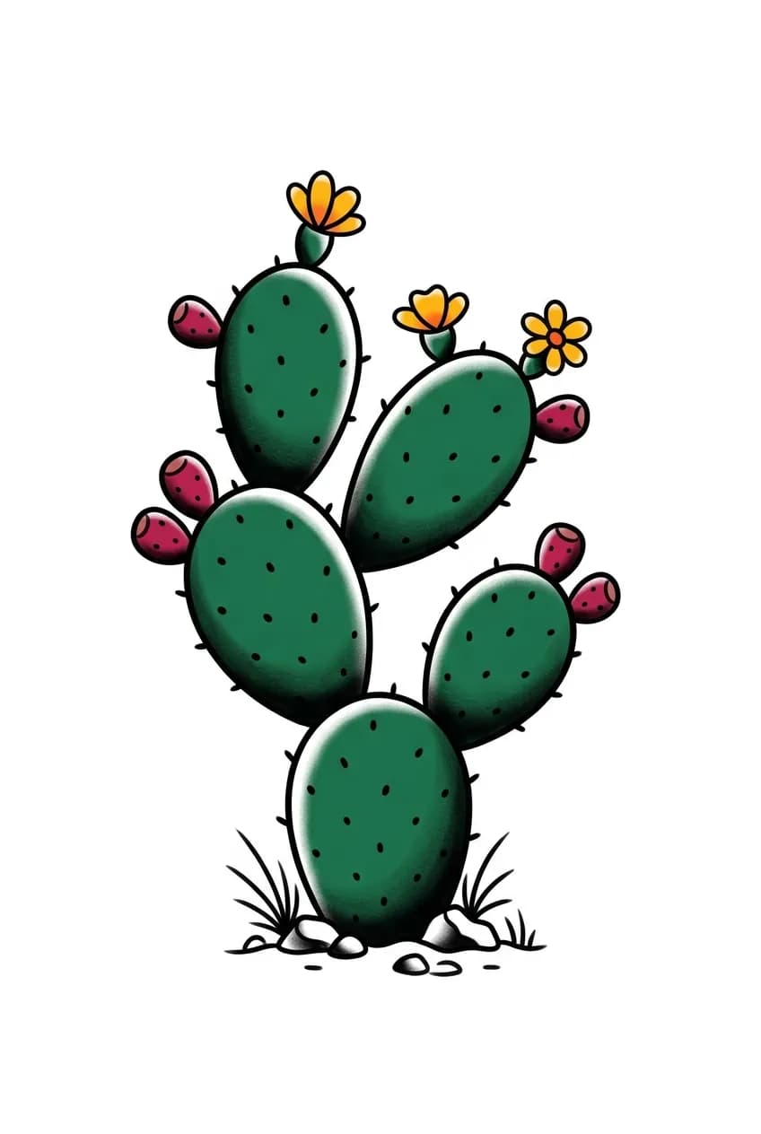 traditional prickly pear cactus tattoo flash, confident old-school linework, limited green and magenta color packing, compact tattoo silhouette, pure white for traditional cactus tattoo inspiration